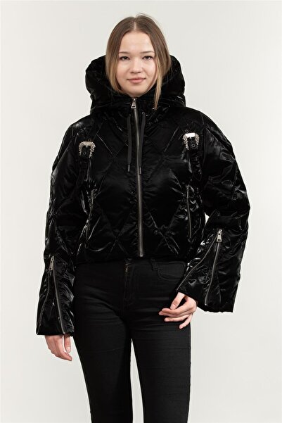 VERSACE JEANS COUTURE Kapüşonlu Siyah Kadın Mont 77HAUD14