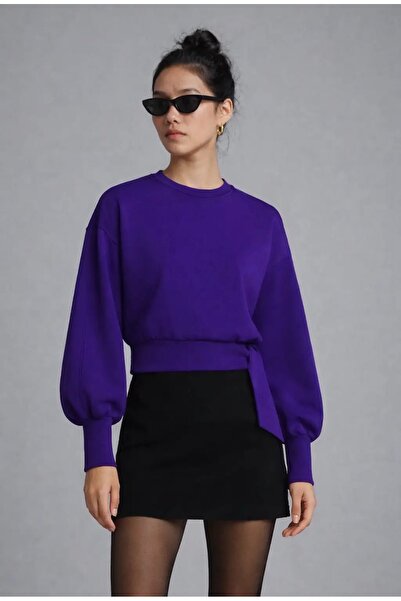 KAREL BUTİK Crop Bisiklet Yaka Sweatshirt Bağlama Detaylı