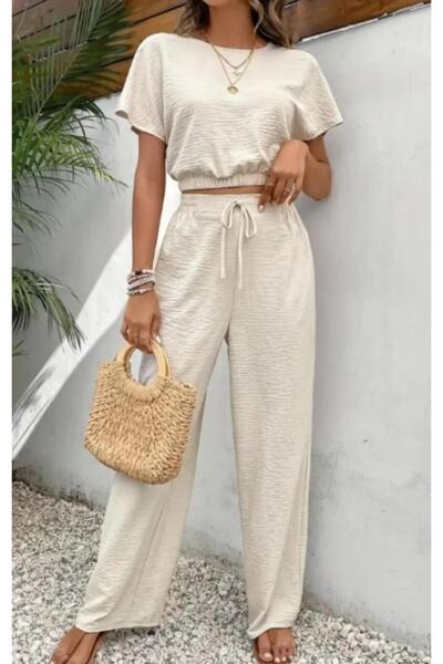 MODAGEN Kadın Bej Bürümcük Crop Pantolon Takım