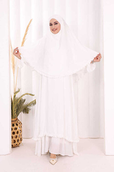 Bym Fashion Umre Sufleli, Elbise Takım ŞAL HEDİYE 3951 Ekru