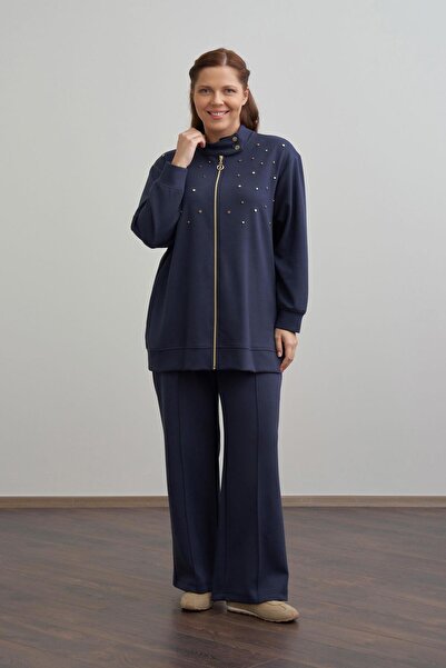 ALLDAY Navy Blue-Soft Textured Plus Size Droplu Tracksuit Set