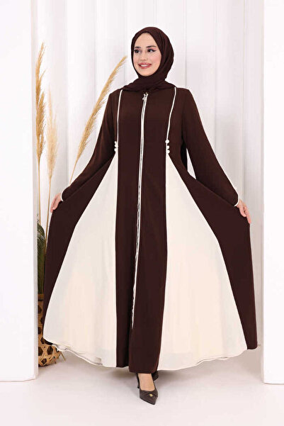 Bym Fashion Biyeli Fermuarlı Ferace 7050 Kahverengi