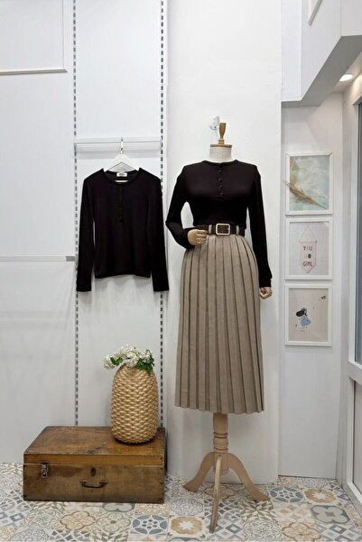 Faya Boutique Kemer Detaylı Bej Fallow Pileli Etek