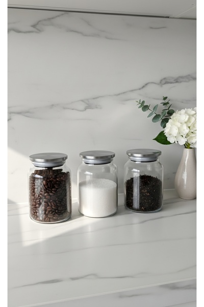 ÖZ HOME 3-Piece Vacuum Glass Jar Set with Metal Lid 1130 ml