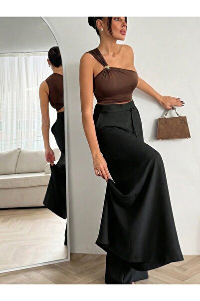 Kırmızı iz Yüksek Bel Geniş Paça Siyah Palazzo Pantolon - Bağlama Detaylı