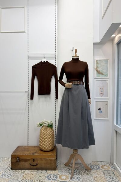 Faya Boutique Gri Deri Kemerli Verdant Gabardin Etek