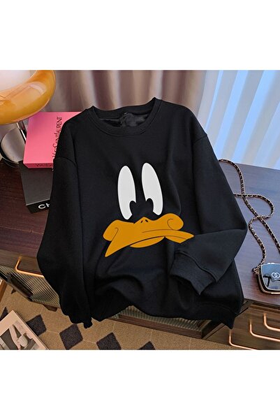 Kids Ördek Baskılı Unisex Kışlık Çocuk Sweatshirt Siyah