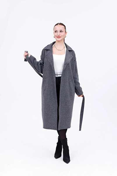 mooishan Belted Pocketed Knee-Length Long Cashmere Winter Women's Coat Anthra...