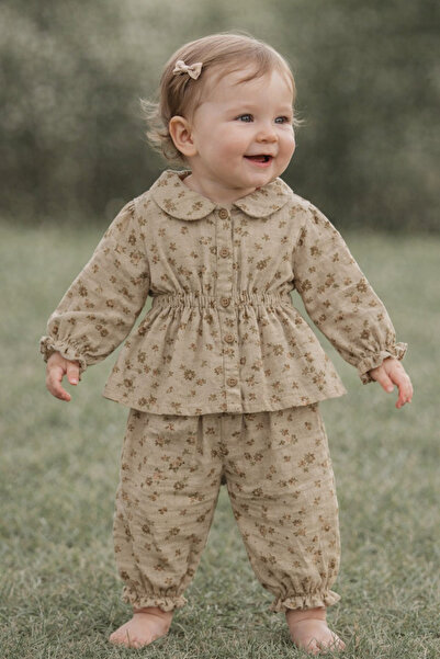 Babyhola Çiçek Desenli Müslin Bayramlık Kız Bebek Takım Üst ve Pantolon İkili...