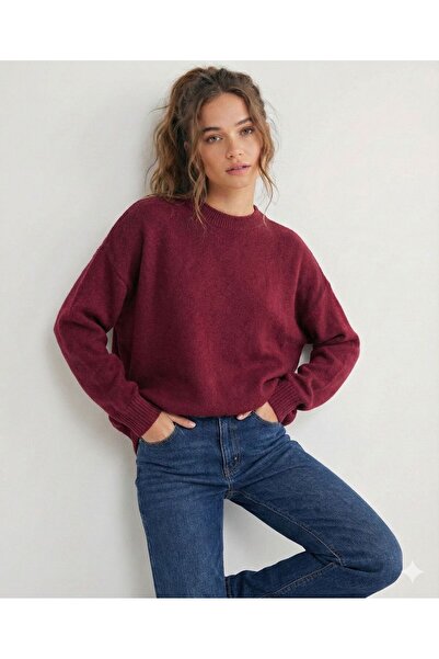 FAVORİST Women's Burgundy Soft Textured Soft Crew Neck Casual Knitwear Sweater