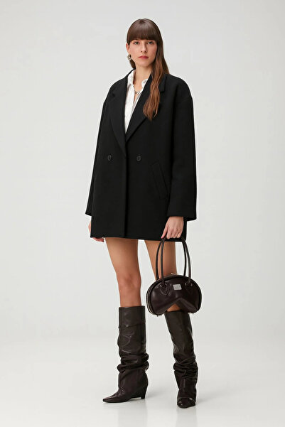 mooishan Women's Short Cashmere Coat Buttoned Black