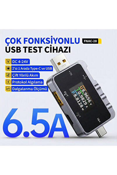FNIRSI FNRSI FNAC-28 2'si 1 Arada Tip-C USB Test Cihazı Dijital Voltmetre Amp...