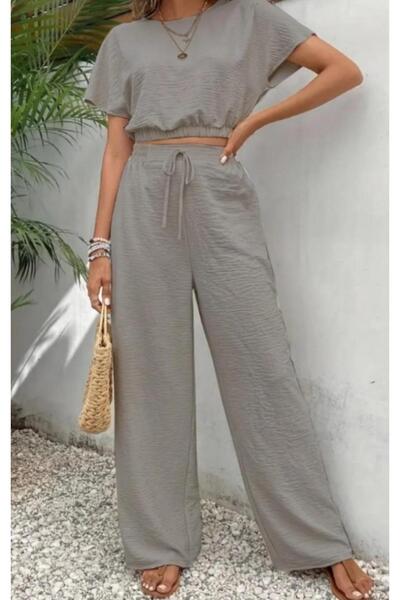 MODAGEN Kadın Duman Gri Bürümcük Crop Pantolon Takım