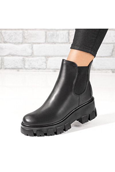 Modlet.ro Ghete negre de damă cu talpă groasă și inserții elastice din piele ...