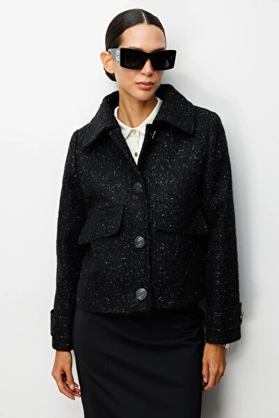 Ekol Glittery Coat with Ornamental Flap Pocket 6089