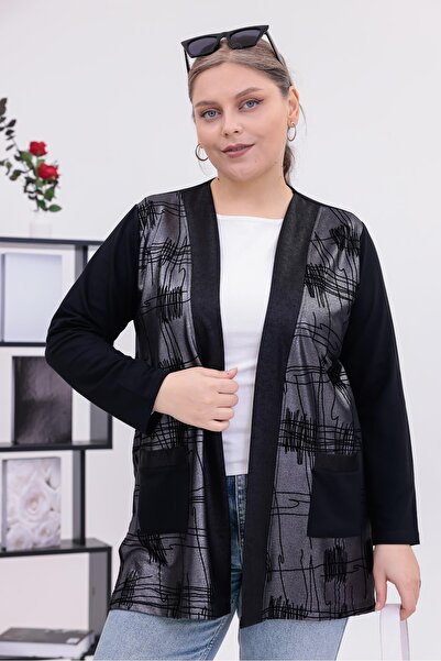 Siyezen Plus Size Silver Detailed Pocket Cardigan