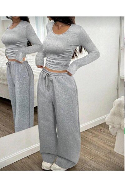 DEEP FİT Kadın Gri rahat kalıp baggy düz paça eşofman altı