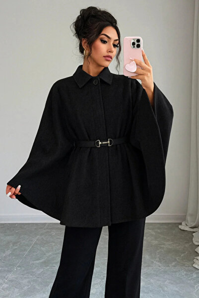 hepidea Zarif Kadın Kemerli Kışlık Kaşe Panço Siyah (hepidea )