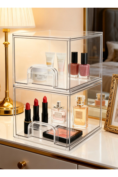Yoawllty طقم منظم مكياج من قطعتين، صندوق تخزين مستحضرات تجميل شفاف بأدراج.
