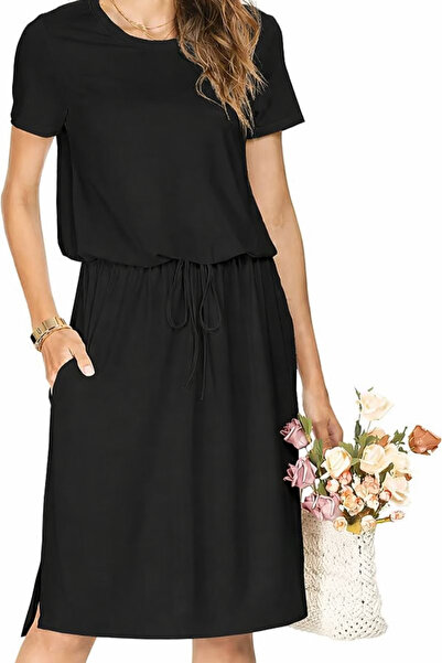 OEM Black casual dress above the knee, flowy, everyday, 3/4 sleeves, round ne...