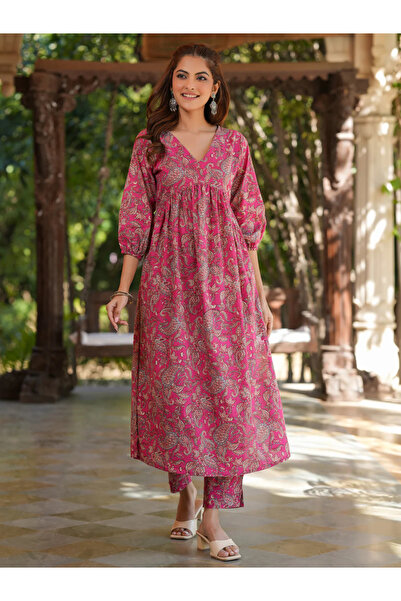 ZERE Pink Cotton Floral A-Line Kurta Bottom Set
