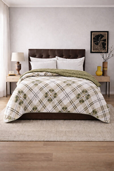 Sleep Garden غطاء سرير/بطانية مزدوجة الجوانب مخططة باللون الأخضر من القطيفة ل...