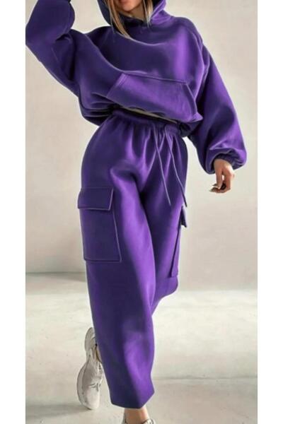MODAGEN Kadın Mor Kanguru Cepli Oversize Crop Takım