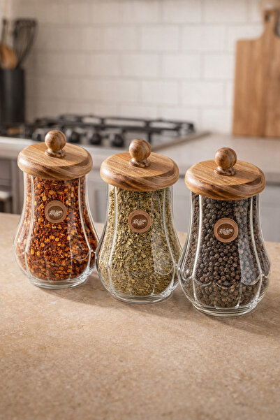 Kitchen Way Acacia Lid Glass Jar 950ml 3-Piece Seal Storage Jar Set Kw-1169