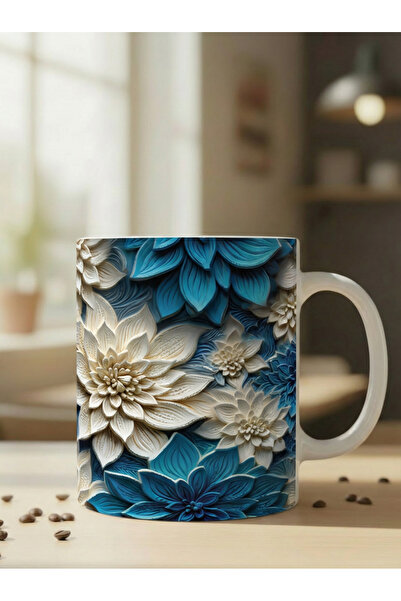 NİVRA GRUP Çiçek Desenli 3D Baskılı Porselen Kupa Bardak