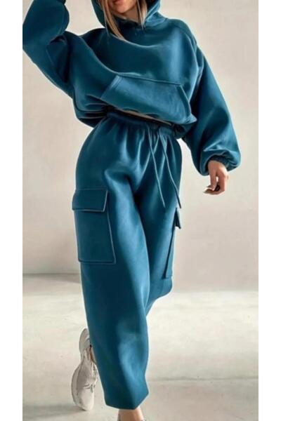 MODAGEN Kadın Petrol Mavi Kanguru Cepli Oversize Crop Takım