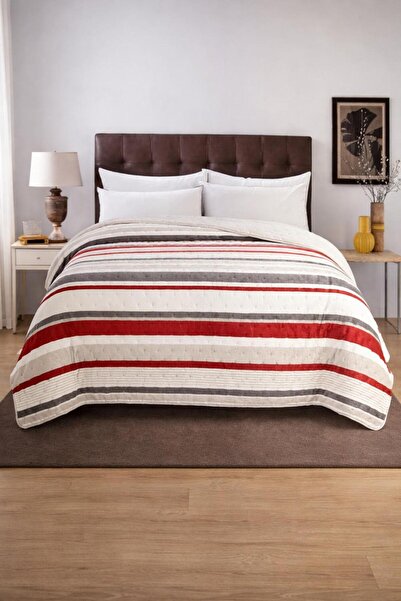 Sleep Garden غطاء سرير/بطانية مزدوجة الجوانب مخططة باللون الأحمر من القطيفة ل...