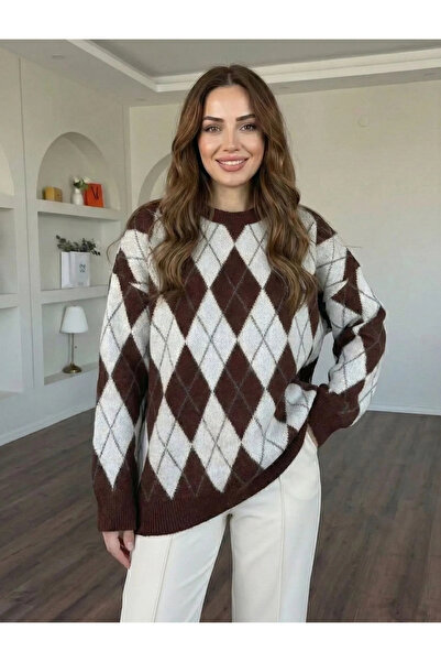 bysoca Women's Brown Cream Argyle Patterned Crew Neck Soft Textured Oversized...