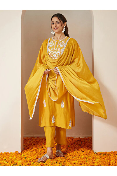 ZERE Mustard Silk Blend Straight Embroidered 3-Piece Kurta Set