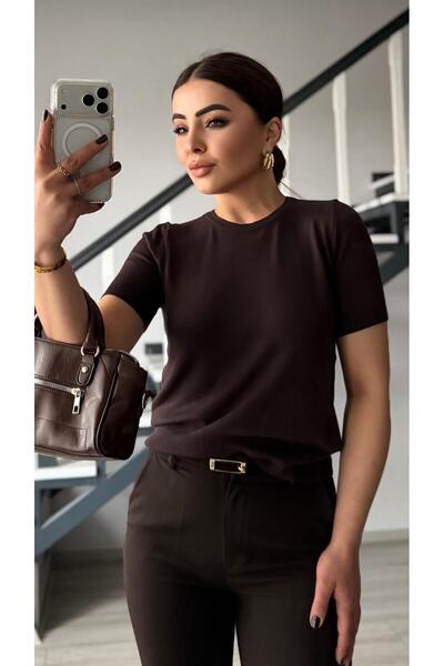 Oslove Bitter Brown Short Sleeve Basic Knit Blouse
