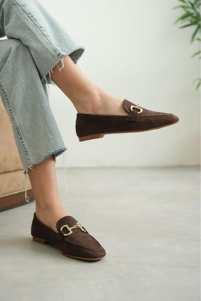 GNY AYAKKABI Spring Season Women's Brown Suede Loafer Ballet Flats - Stylish and Comfortable Daily Shoes with Gold Accessory Detail