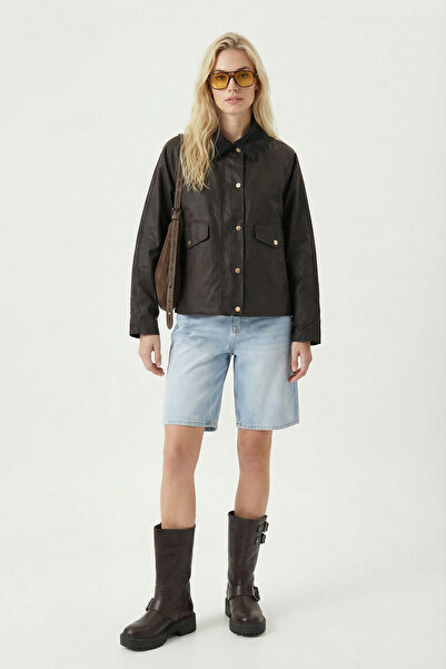 Lovelyİstanbul Waxed Look Contrast Detailed Jacket Lby0037 Brown