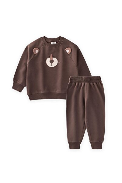 Cigit Ayı Aplikeli Sweatshirt Takım 0-5 Yaş Kahverengi