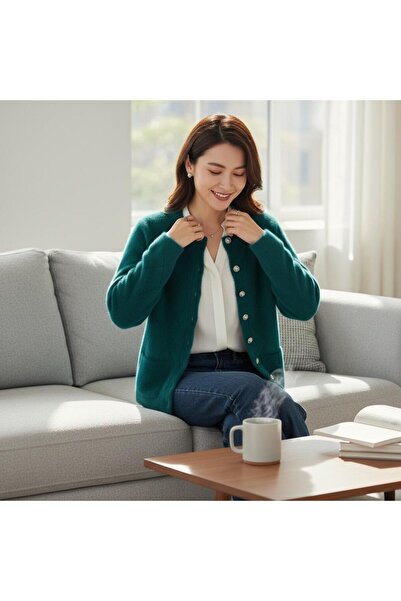 GÖMLEK GALERİSİ Women's Angora Self-Patterned Crew Neck Cardigan Standard Fit...