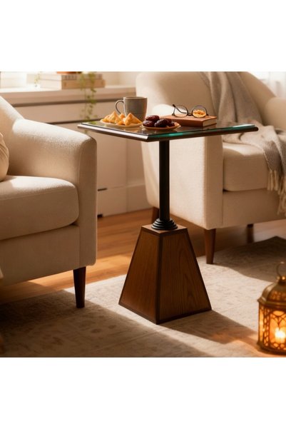 terndat Brown wood table set with black column and mirrored glass top