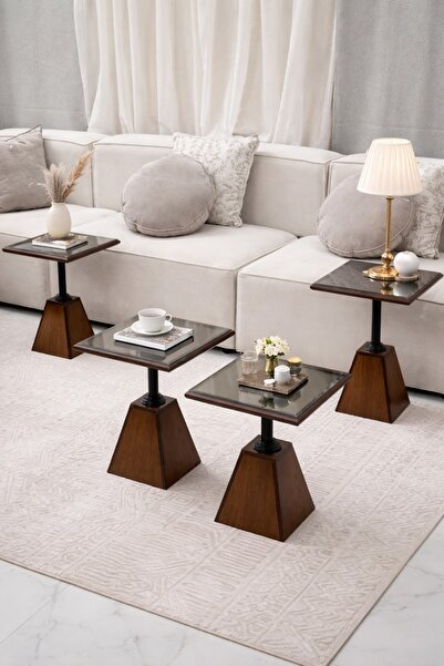 terndat طقم طاولات خشب بني عمود أسود سطح زجاج مراية