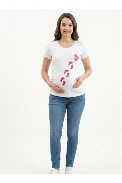 CAN ÇAPAR bumbac 100% Tricou alb de maternitate cu guler larg Baby Footprint ...