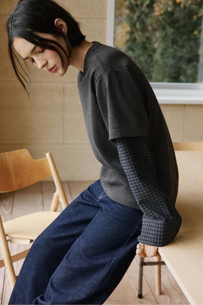 Pull & Bear Kareli çift kollu t-shirt