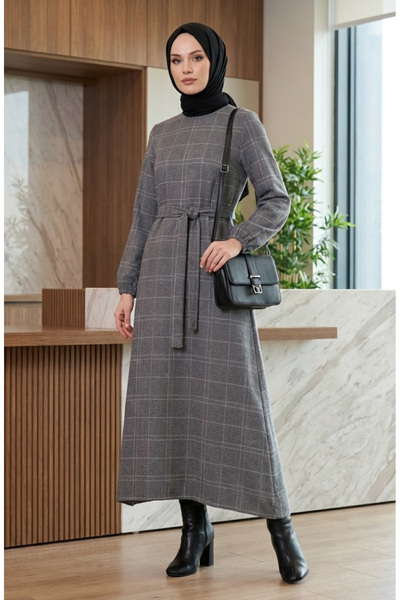 sefamerve Striped Belted Elastic Sleeve Winter Dress 2505-01 Gray