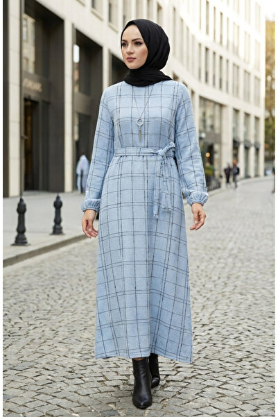 sefamerve Striped Belted Elastic Sleeve Winter Dress 2505-06 Blue