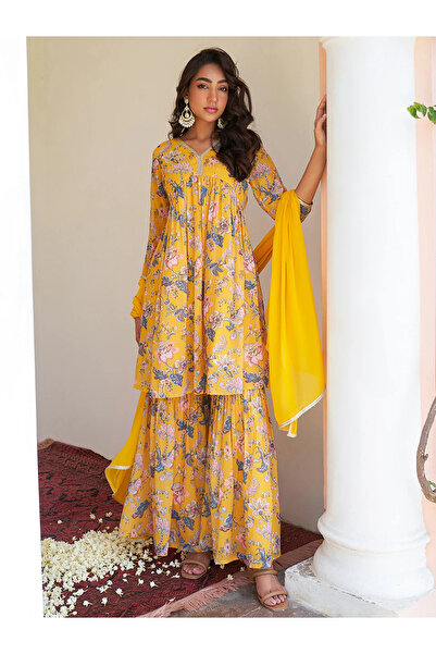 ZERE Yellow Georgette Digital Floral Printed Sharara Set