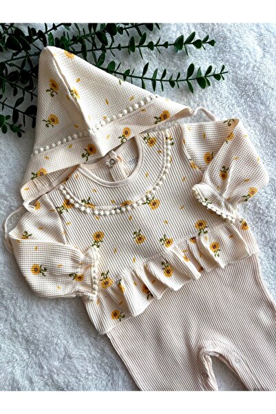 BEREN %100 Pamuk Kız Bebek Ayçiçeği Desenli Waffle Kumaş Fırfırlı Patikli Şap...