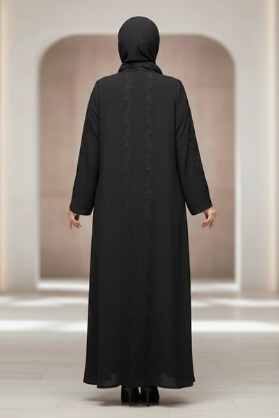 Muchmy Stylish Black Embroidered Abaya Front Open Muslim Arabic V-neck Long Sleeve Women's Abaya Dress