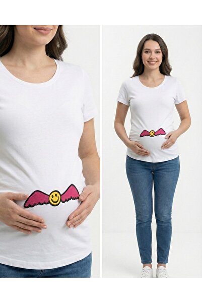 CAN ÇAPAR bumbac 100% Tricou alb de maternitate cu guler larg cu imprimeu