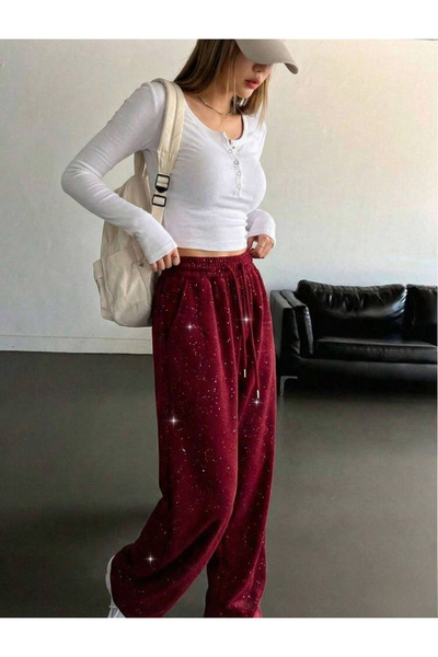 Violon Glow Simli Parıltılı Taş Detaylı Baggy Eşofman Altı