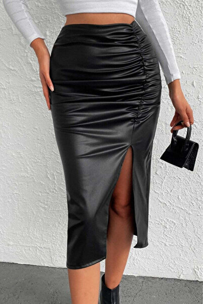 StreetWear Outlet Women's Eco Leather Skirt with Pleats and Side Slits